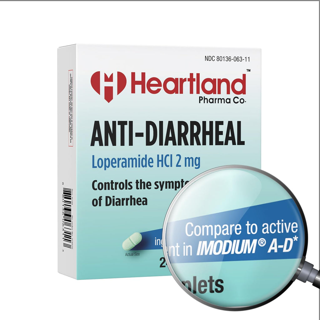 Heartland Pharma Loperamide Hydrochloride Two Milligram front packaging showing anti-diarrheal relief text.