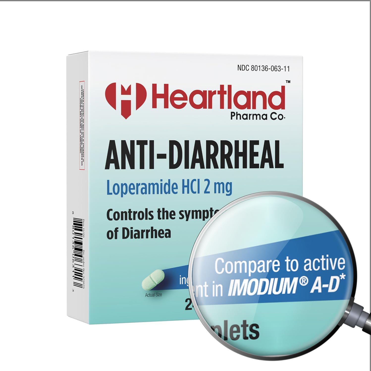 Heartland Pharma Loperamide Hydrochloride Two Milligram front packaging showing anti-diarrheal relief text.