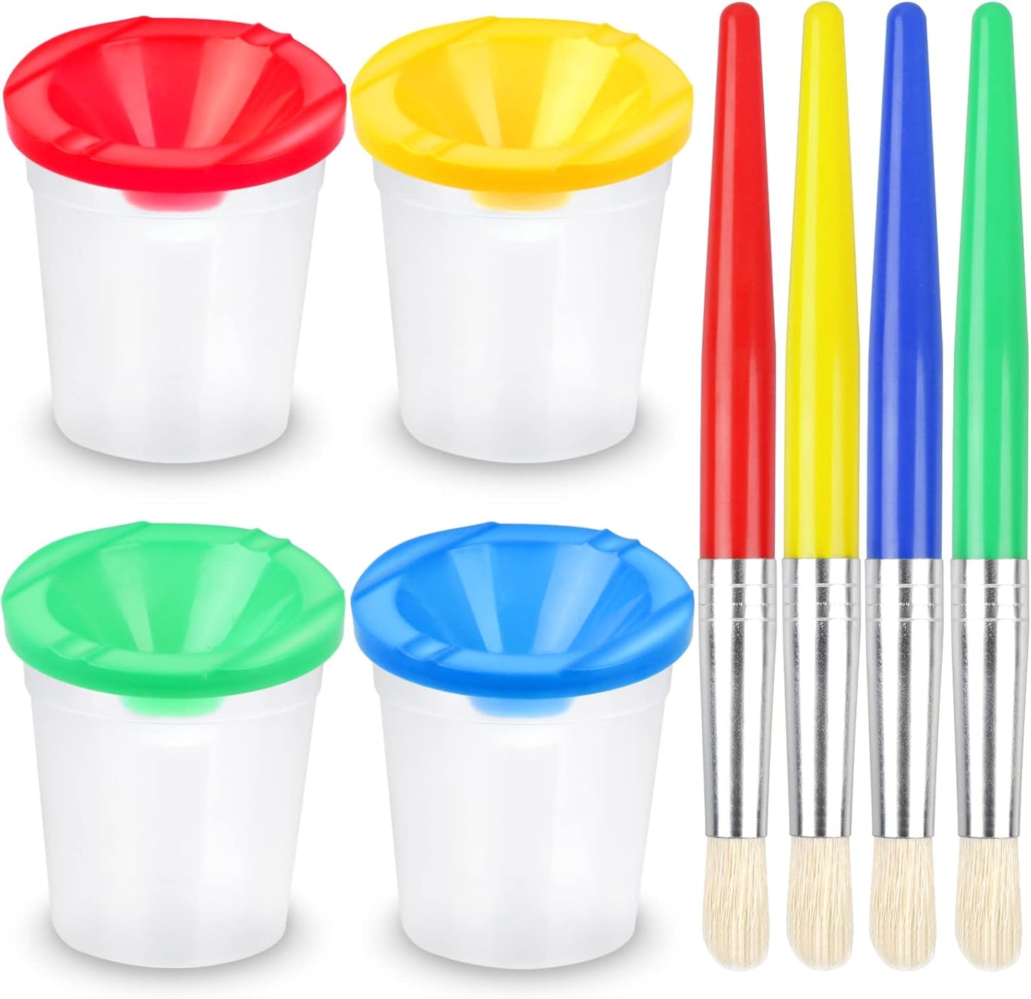 RNKP Children No Spill Paint Cups front view showcasing four colored lids and matching brushes.