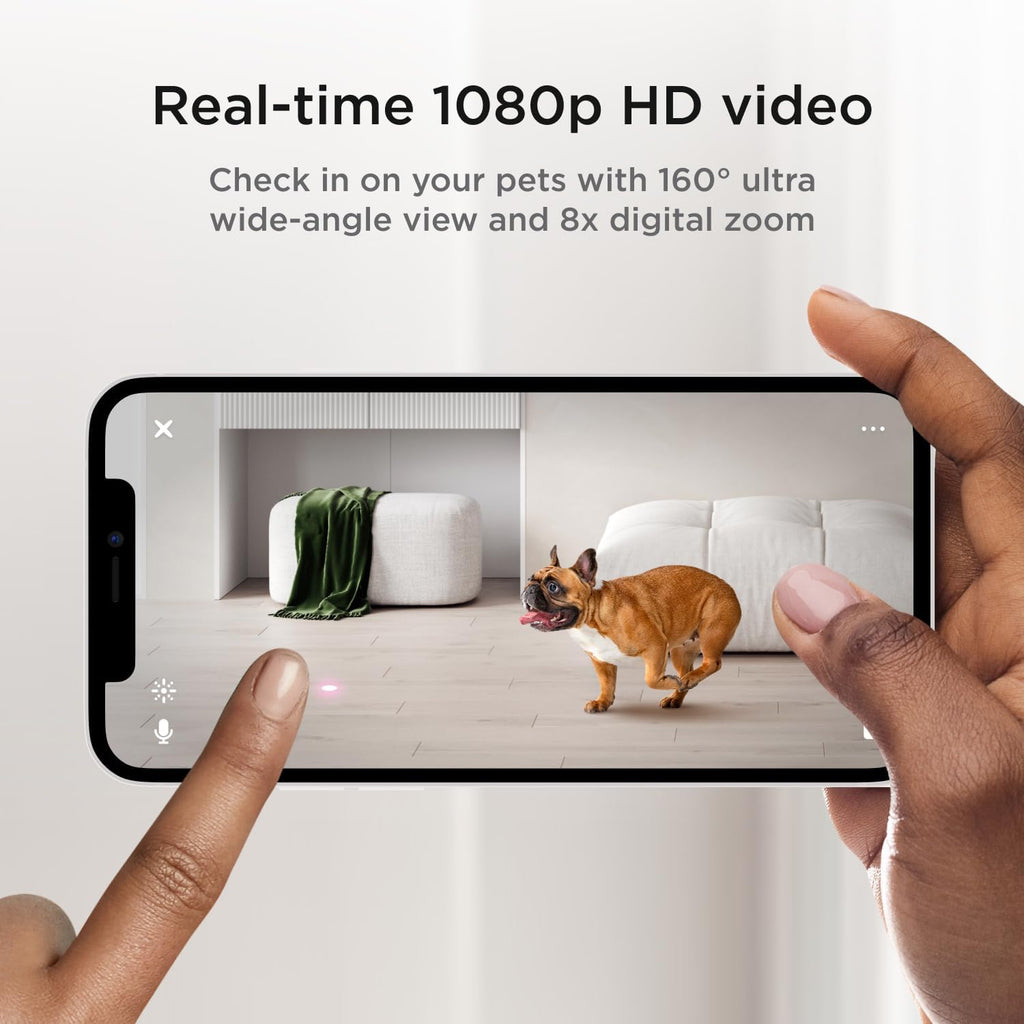 Smart pet camera with built-in laser toy being controlled via mobile application