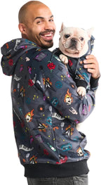Vibrant blue and pink tie dye patterned velour human pullover.
