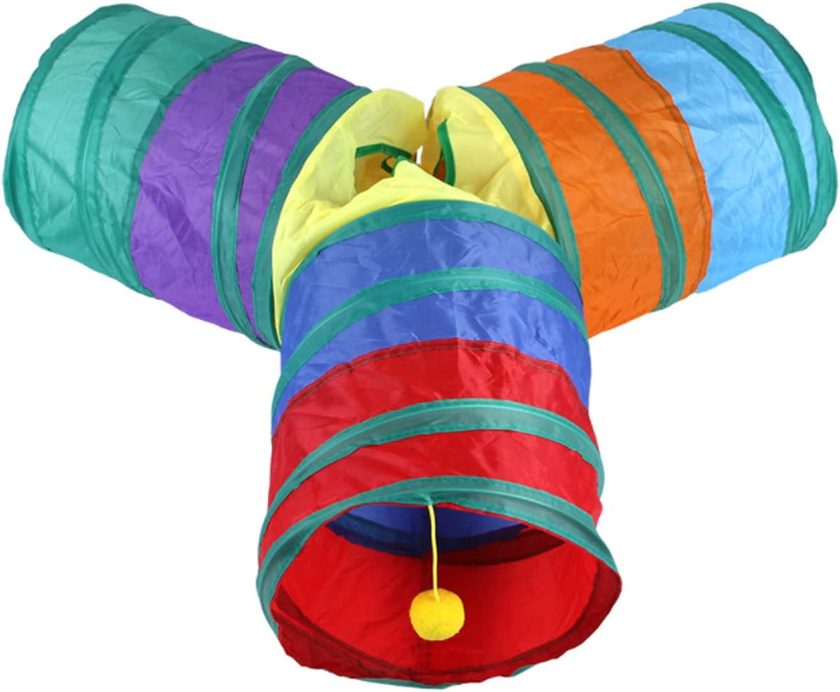 Collapsible polyester rainbow tunnel showing compact storage capability