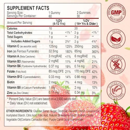 ZHPHK chewable vegan iron vitamins nutritional facts label listing folate and zinc