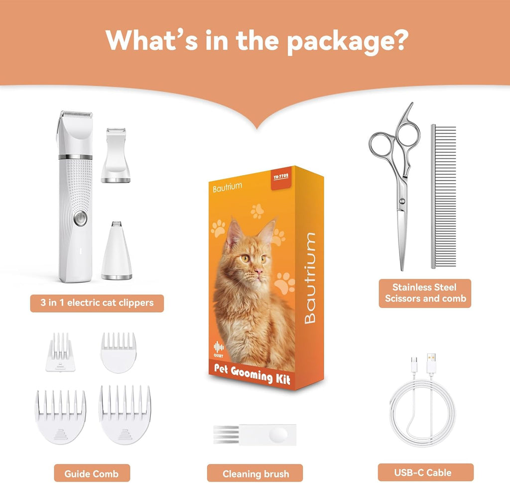 Bautrium low noise electric cat razor displaying USB-C charging cable connection