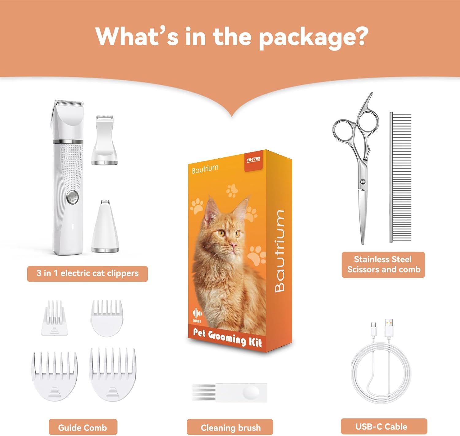 Bautrium low noise electric cat razor displaying USB-C charging cable connection