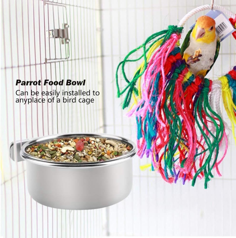 Stainless steel bird food bowl installed on cage wire