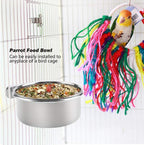 Stainless steel bird food bowl installed on cage wire