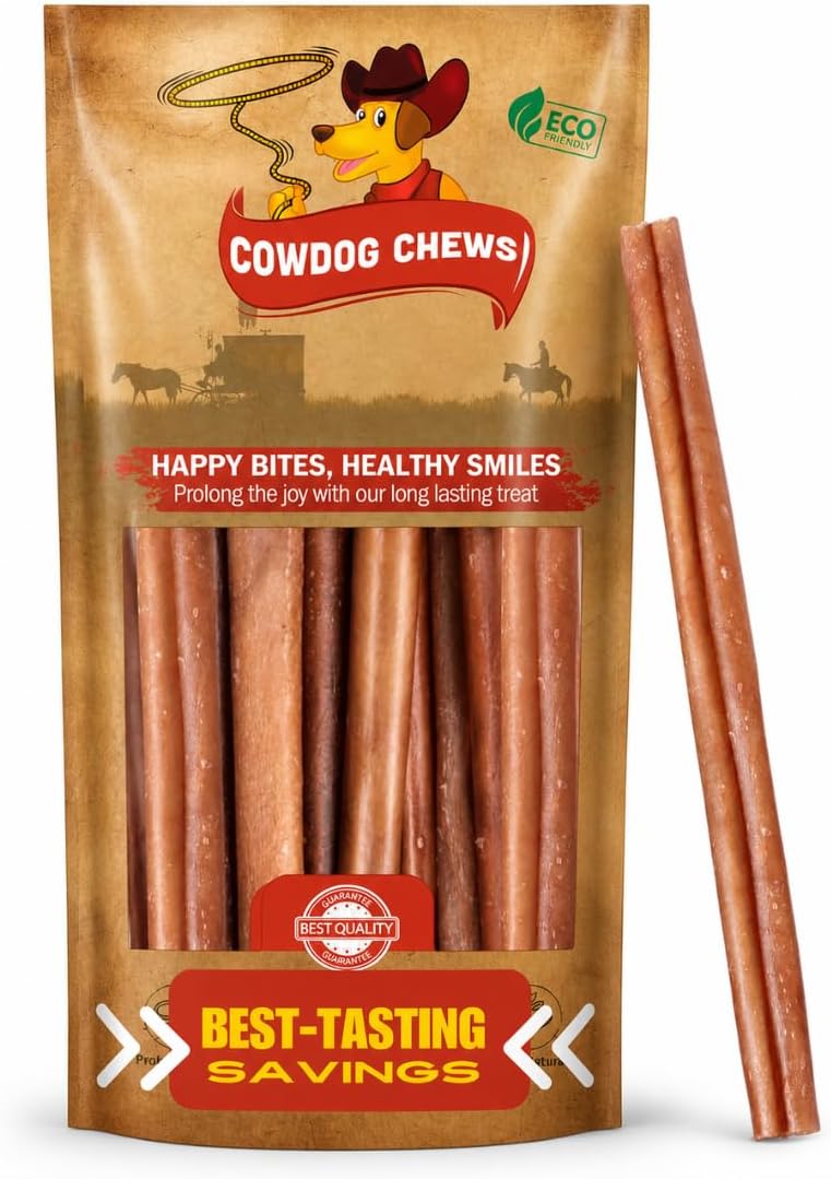 Authentic Cowdog Chews imported USA pet treat pack showing serving size information.
