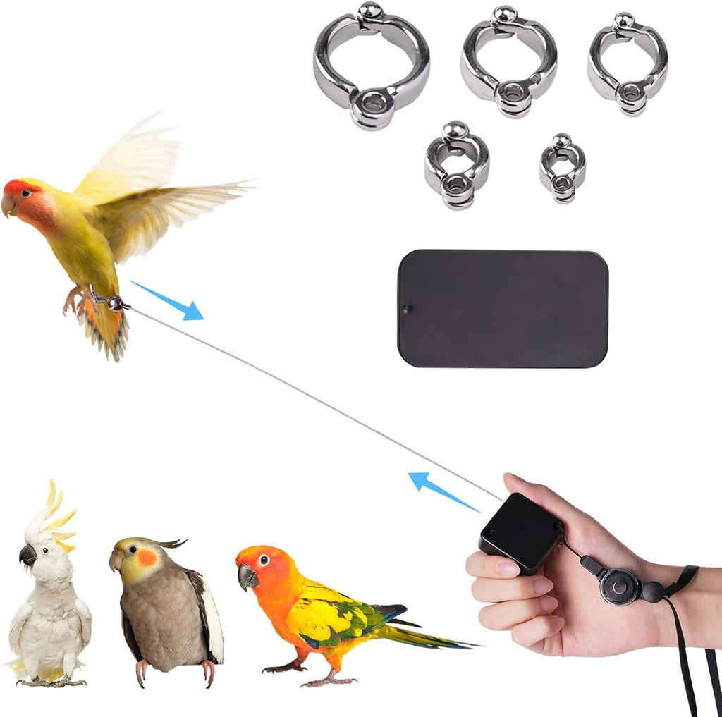 Swirge retractable bird leash and harness kit front view showing white casing and accessories.