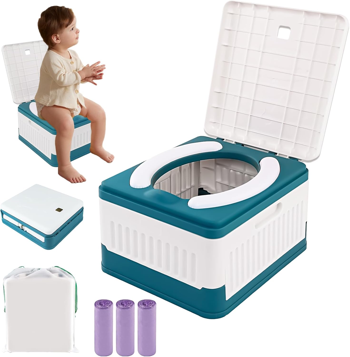 Travel Potty Seat for Toddler, Portable Potty Training Toilet Seats, Foldable Baby Potty Stool, Car Potty for Kids Boys Girls, Emergency Mobile Toilet for Outdoor/Indoor, w/ 60 Cleaning Bags - Image 1