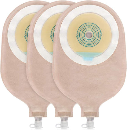 Carbou 15 Piece One Piece Urostomy Bag front view showing the hydrocolloid barrier and measuring guidelines.