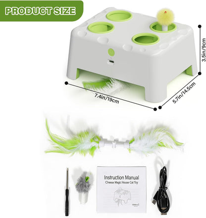 HAPPYCODE 3-in-1 smart pet activity box with interchangeable feather attachments displayed alongside.