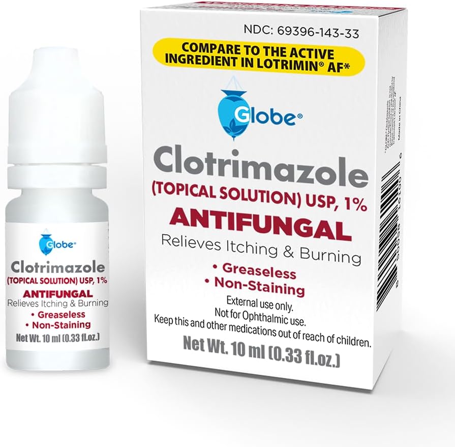 Globe 1% Topical Clotrimazole Solution 10ml bottle front view showing antifungal label.
