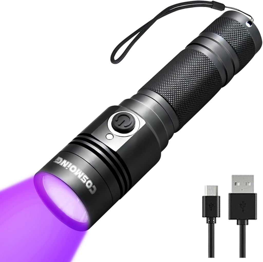 Cosmoing 395nm UV Flashlight premium black tactical body front view showing the LED lens element