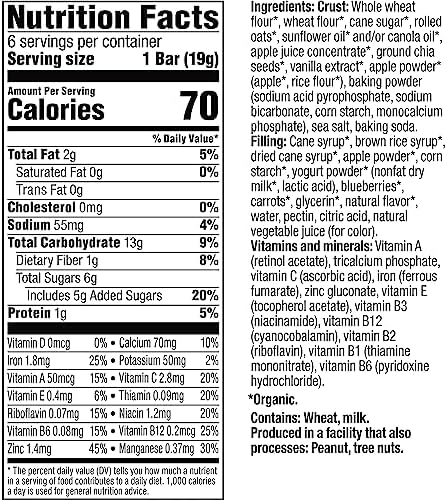 Plum Organics blueberry fruit and vegetable snack bar broken in half to reveal the rich fruit filling inside.