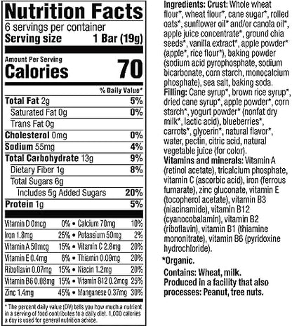 Plum Organics blueberry fruit and vegetable snack bar broken in half to reveal the rich fruit filling inside.