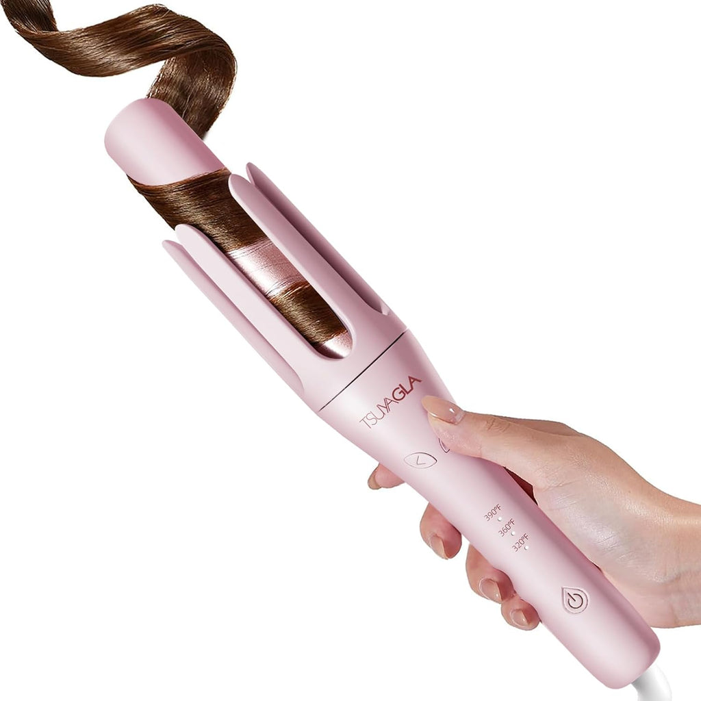 Tsuyagla automatic curling iron front view with pink finish