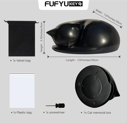 FUFYUKEY black resin cat urn showing dimensional measurements for eight kilogram capacity
