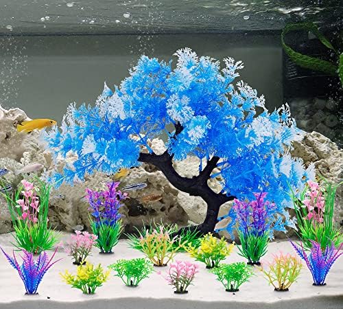Vibrant blue artificial bonsai tree ornament for freshwater and saltwater marine habitats