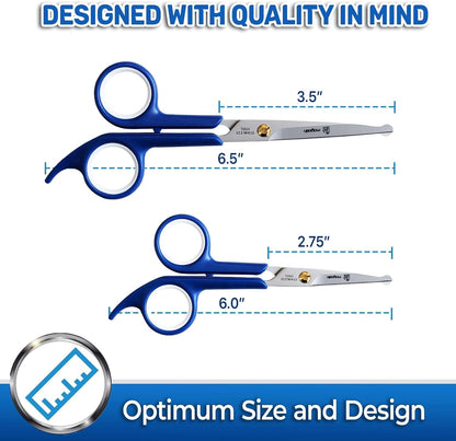 Shorter micro serrated dog grooming scissor for detailed facial hair trimming.