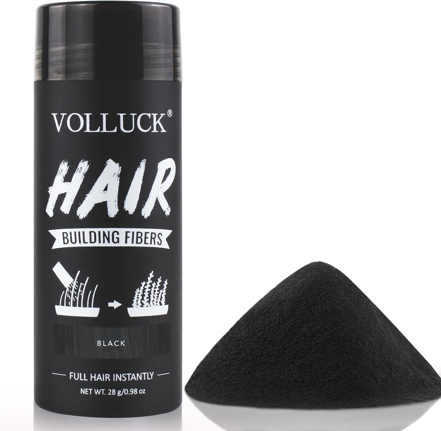 Volluck hair building fibers black front view of the 28 grams bottle for thinning hair coverage