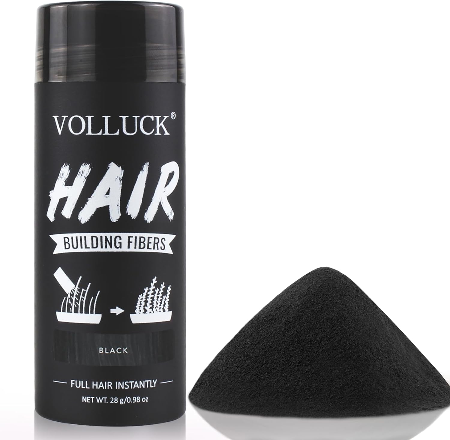 Volluck hair building fibers black front view of the 28 grams bottle for thinning hair coverage