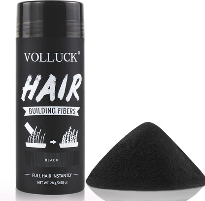 Volluck hair building fibers black front view of the 28 grams bottle for thinning hair coverage