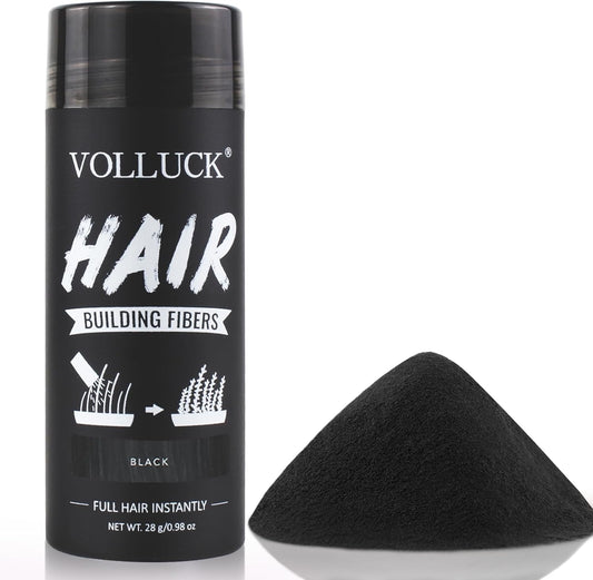 Volluck hair building fibers black front view of the 28 grams bottle for thinning hair coverage