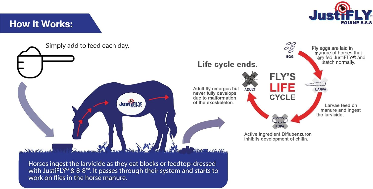 JustiFLY 8-8-8 equine supplement container back label view.
