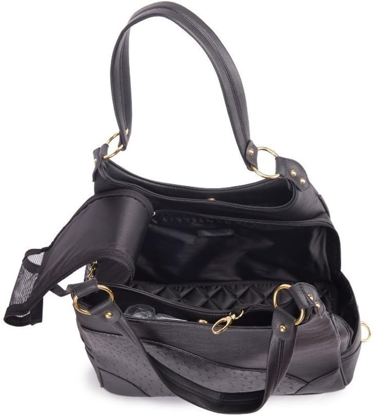 Side mesh ventilation panels on Glield black leather pet carrier