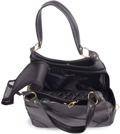 Side mesh ventilation panels on Glield black leather pet carrier