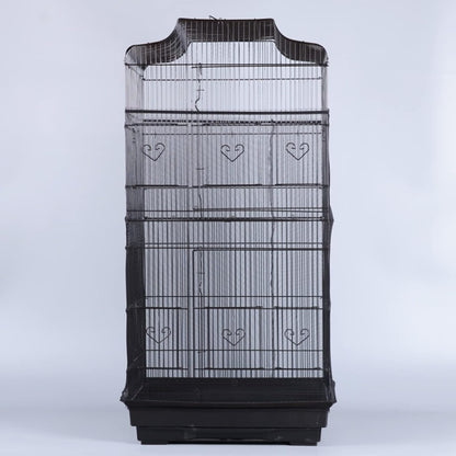 Side view of an extra large black nylon mesh cover attached snugly around a bird habitat base