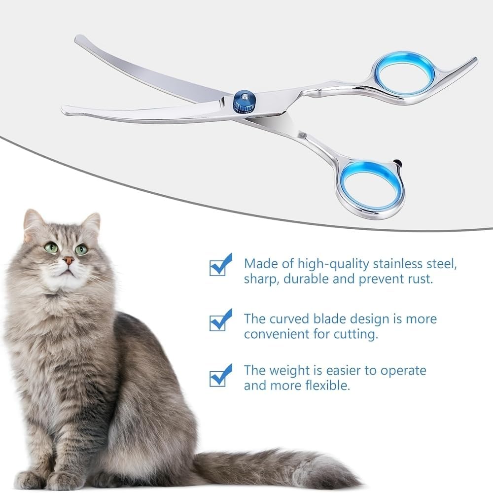 Curved pet scissors for puppies close up view of the sharp cutting edge.
