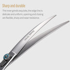 Fenice Totem professional pet shears demonstrating the natural curved arc design for shaping dog fur.