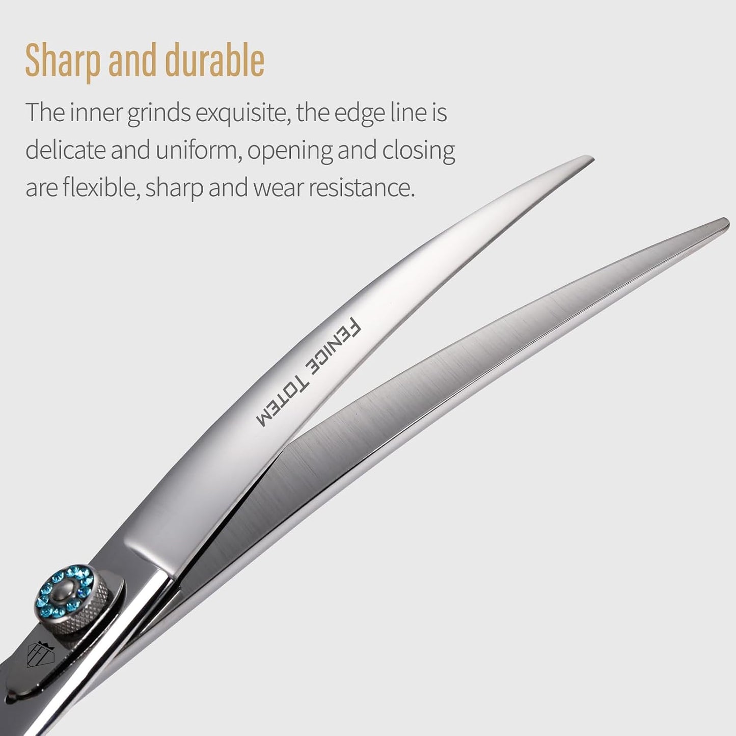 Fenice Totem professional pet shears demonstrating the natural curved arc design for shaping dog fur.