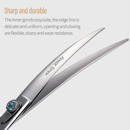Fenice Totem professional pet shears demonstrating the natural curved arc design for shaping dog fur.