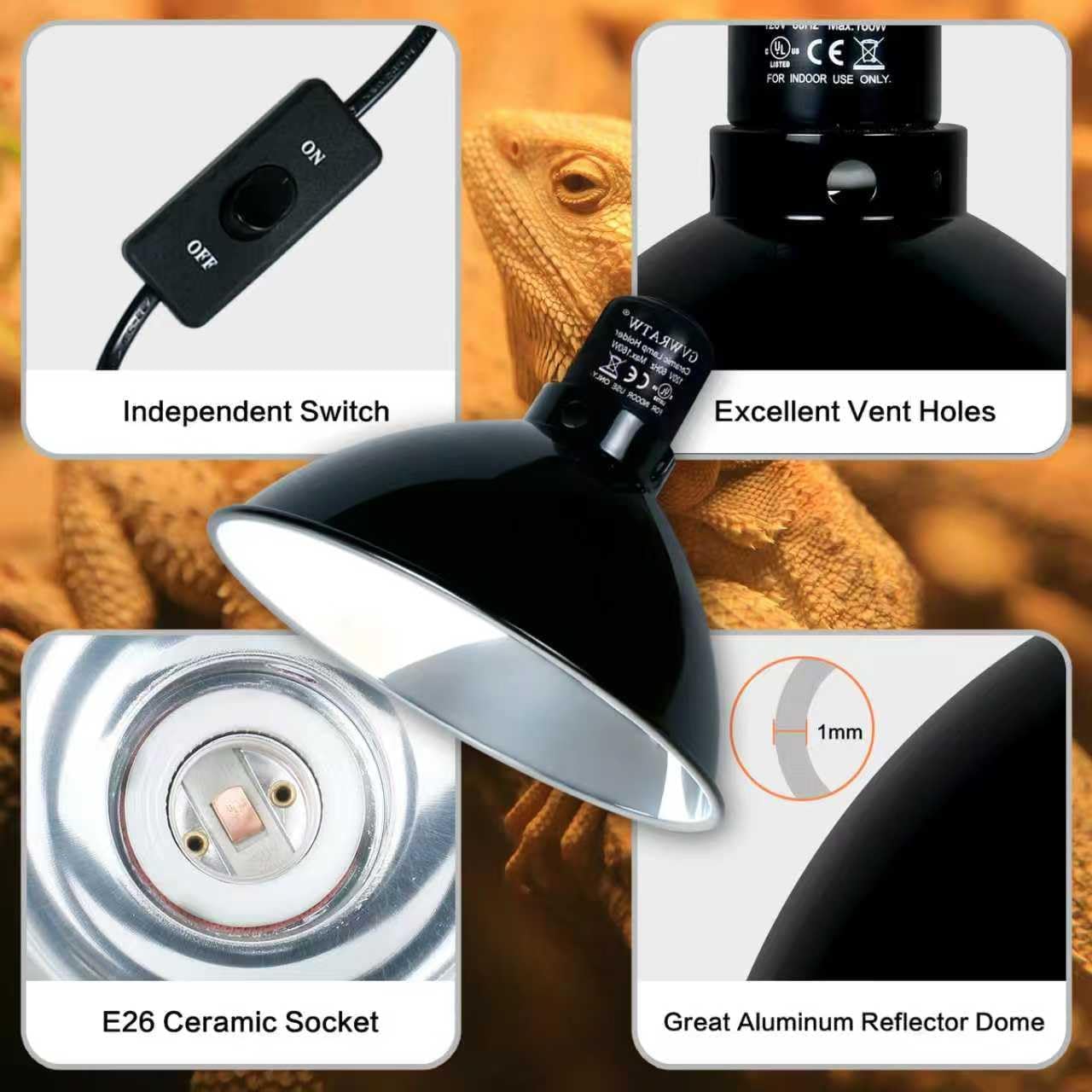 PTSCBS terrarium light fixture highlighting the heavy duty power cord and integrated switch.