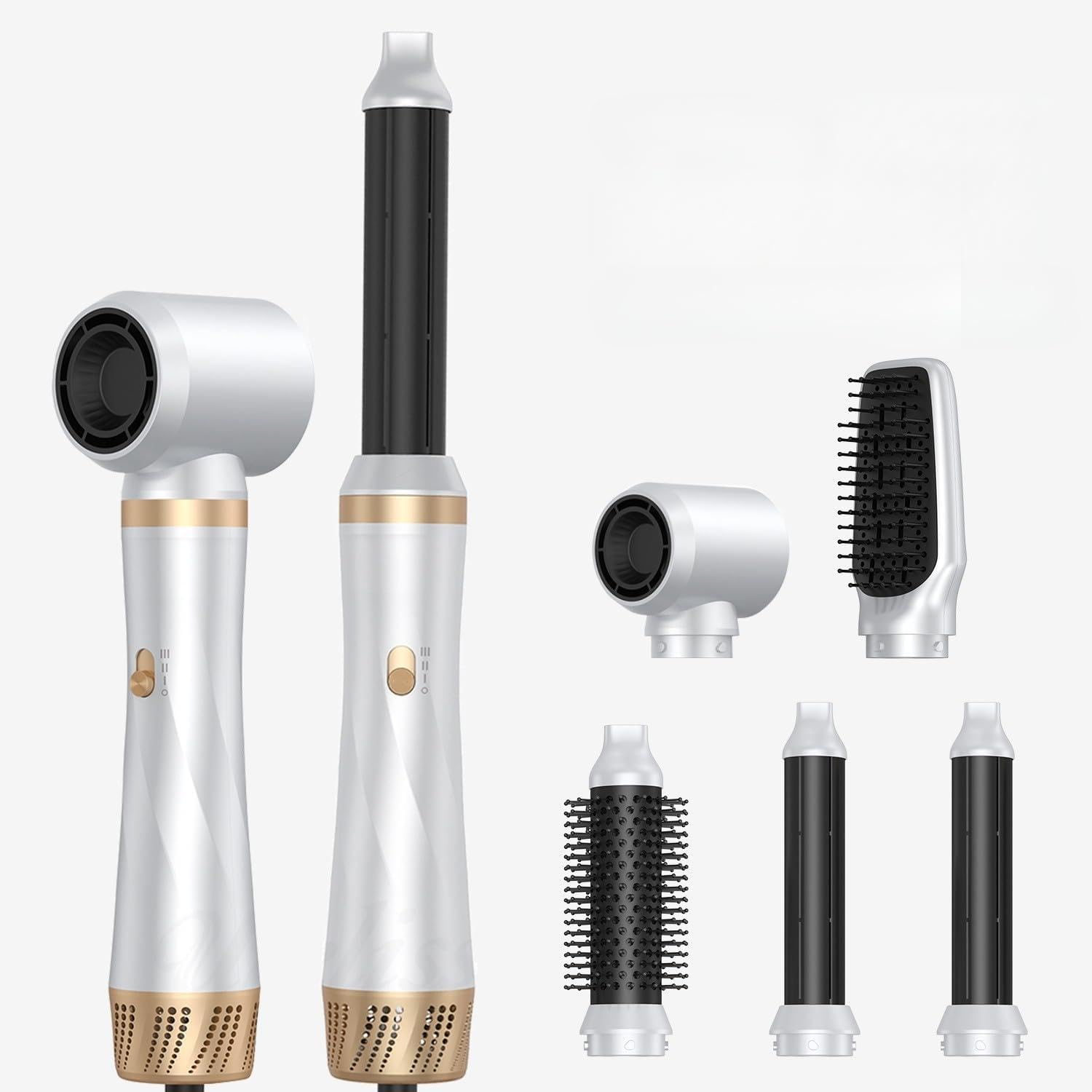 Generic 5 in 1 hot air brush hair dryer front view showing the sleek main power handle and all five interchangeable styling attachments arranged neatly.