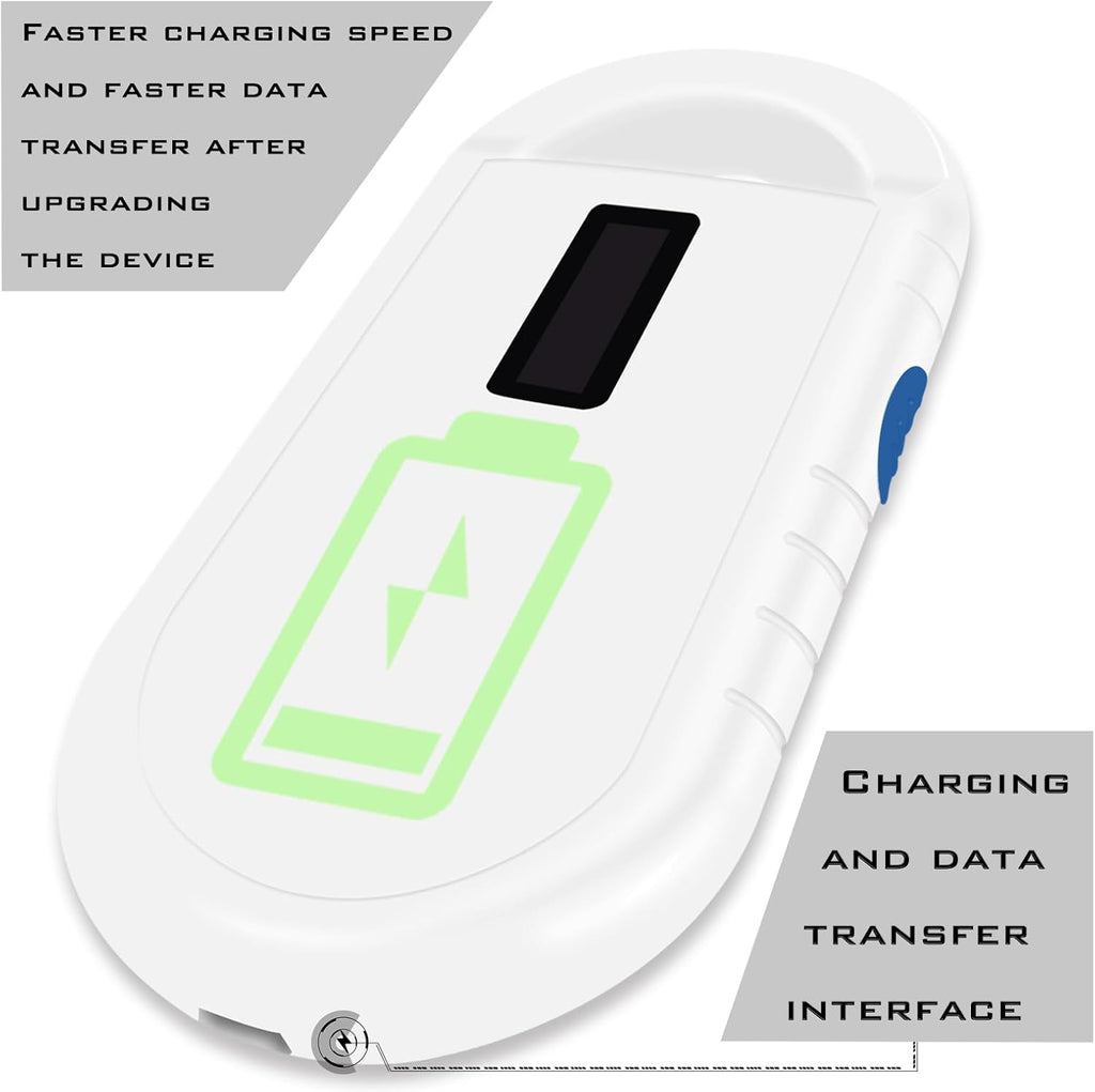 Close up of the compact digital pet microchip reader showing power buttons and side interface ports