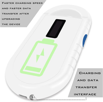 Close up of the compact digital pet microchip reader showing power buttons and side interface ports