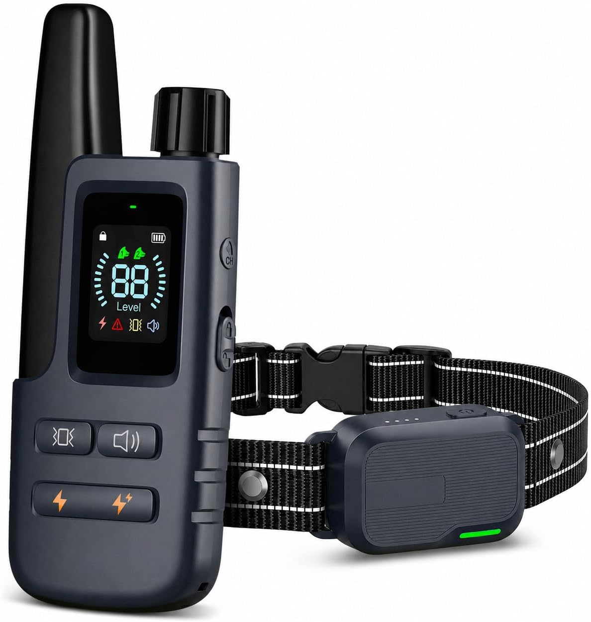 HapTop remote dog training shock collar front view showing the digital screen and deep blue receiver.