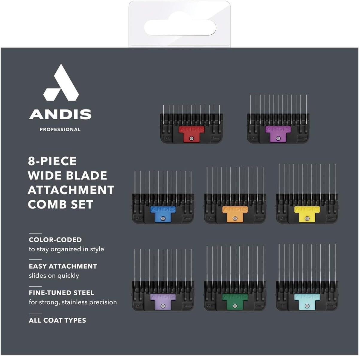 Andis wide blade comb set showing size variety