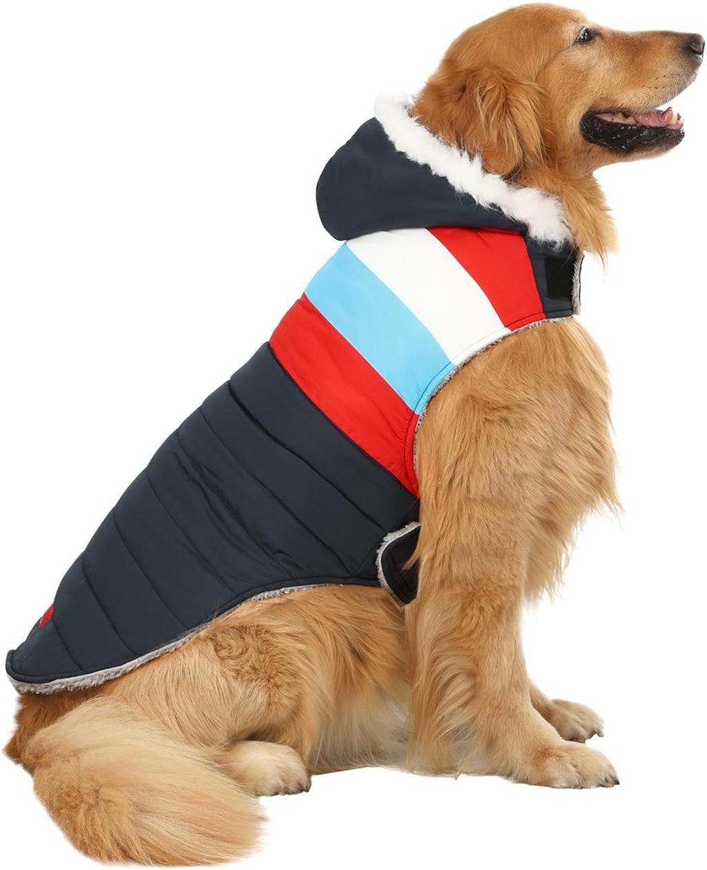 HDE Dog Puffer Jacket Fleece Lined Warm Dog Parka Winter Coat with Harness Hole Navy Retro Stripe - XXL - Image 9