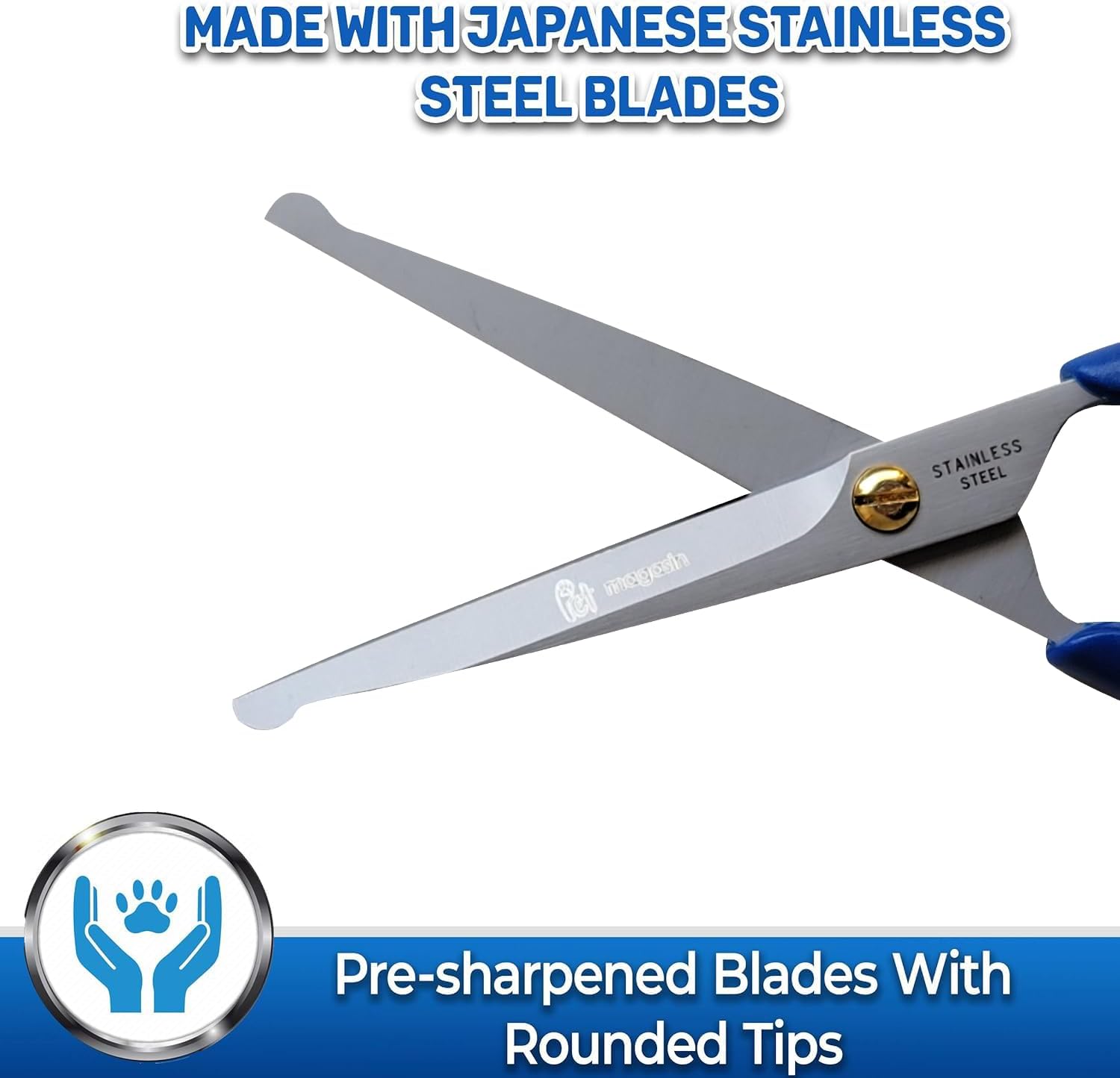 Close up of surgical grade Japanese stainless steel blades with rounded safety ends.