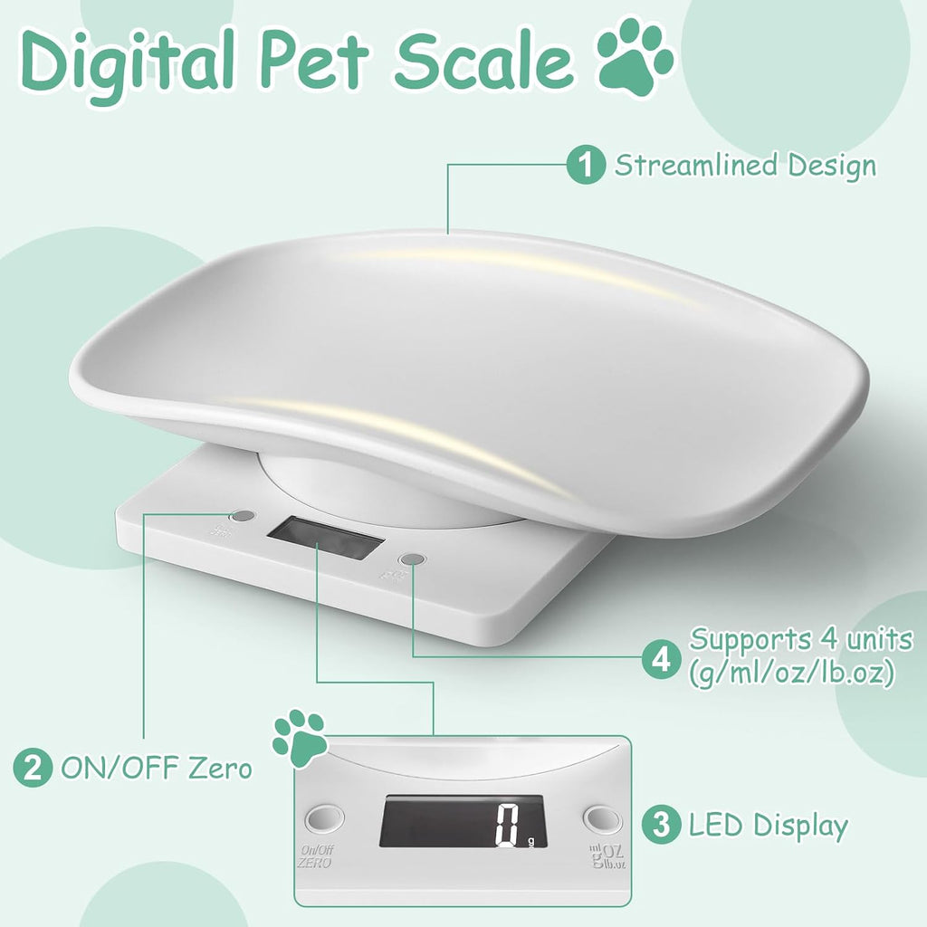 White puppy whelping scale with the eleven inch curved tray attached.