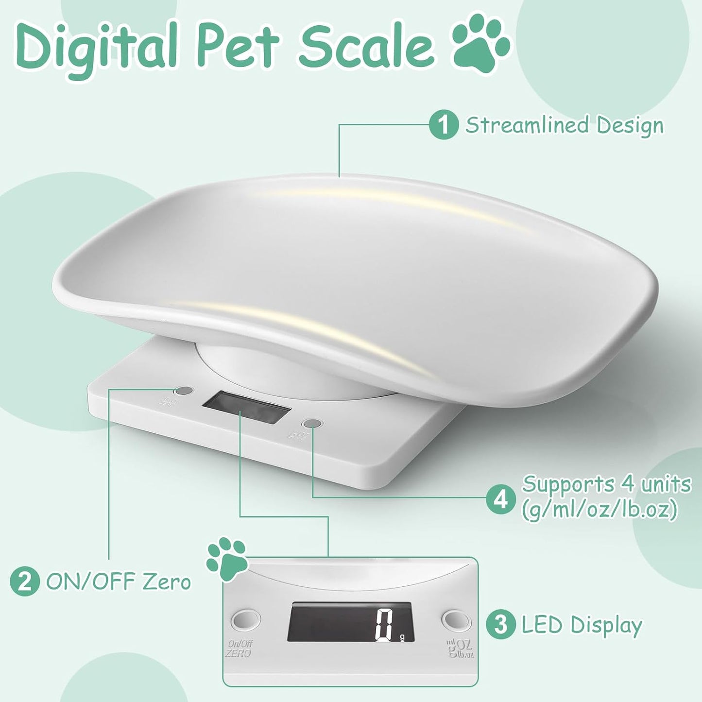 White puppy whelping scale with the eleven inch curved tray attached.