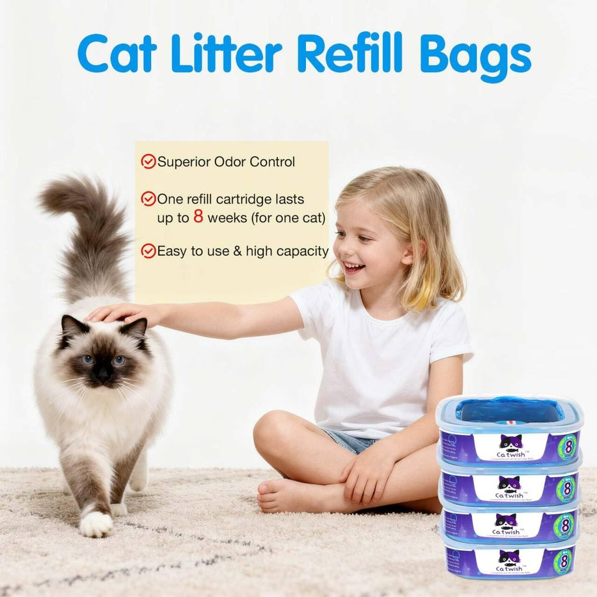 Eight pack of continuous cat litter pail liners packaged for easy storage.