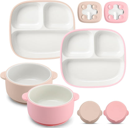 Domensi 4 piece square porcelain toddler plate and bowl set front view