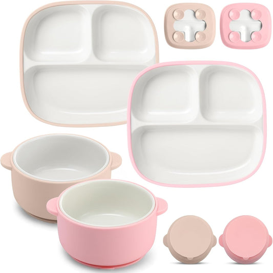 Domensi 4 piece square porcelain toddler plate and bowl set front view