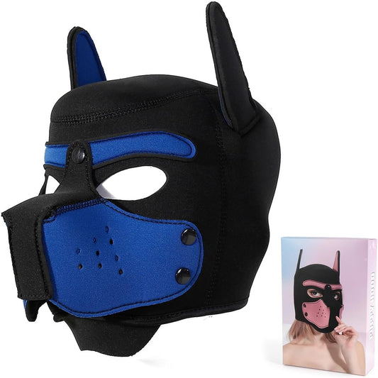 Womalen pup play gear dog mask side profile highlighting the customizable bendable ears.